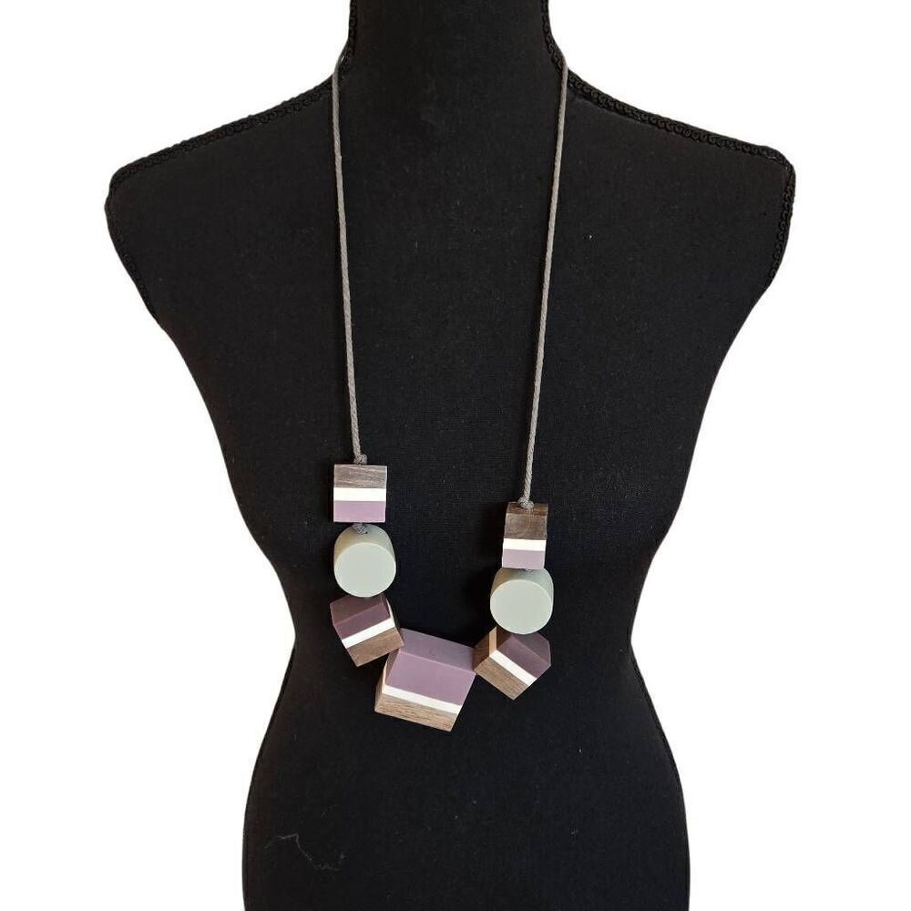 Womens Wooden Square Blocks And Circle Statement Necklace OS